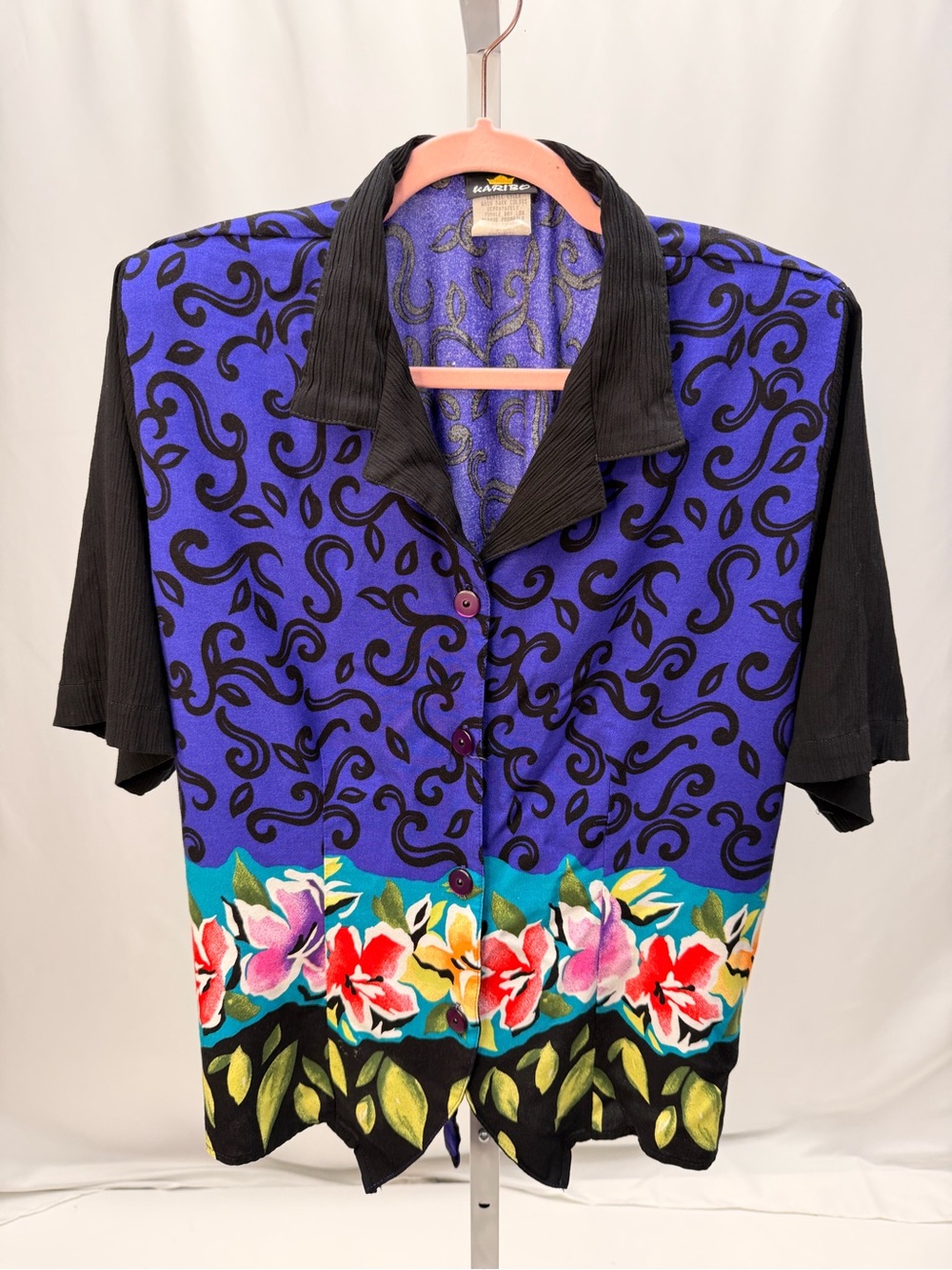 Karibo Vintage 90s Bold Floral Hawaiian Print Blouse Size 16 Made in USA